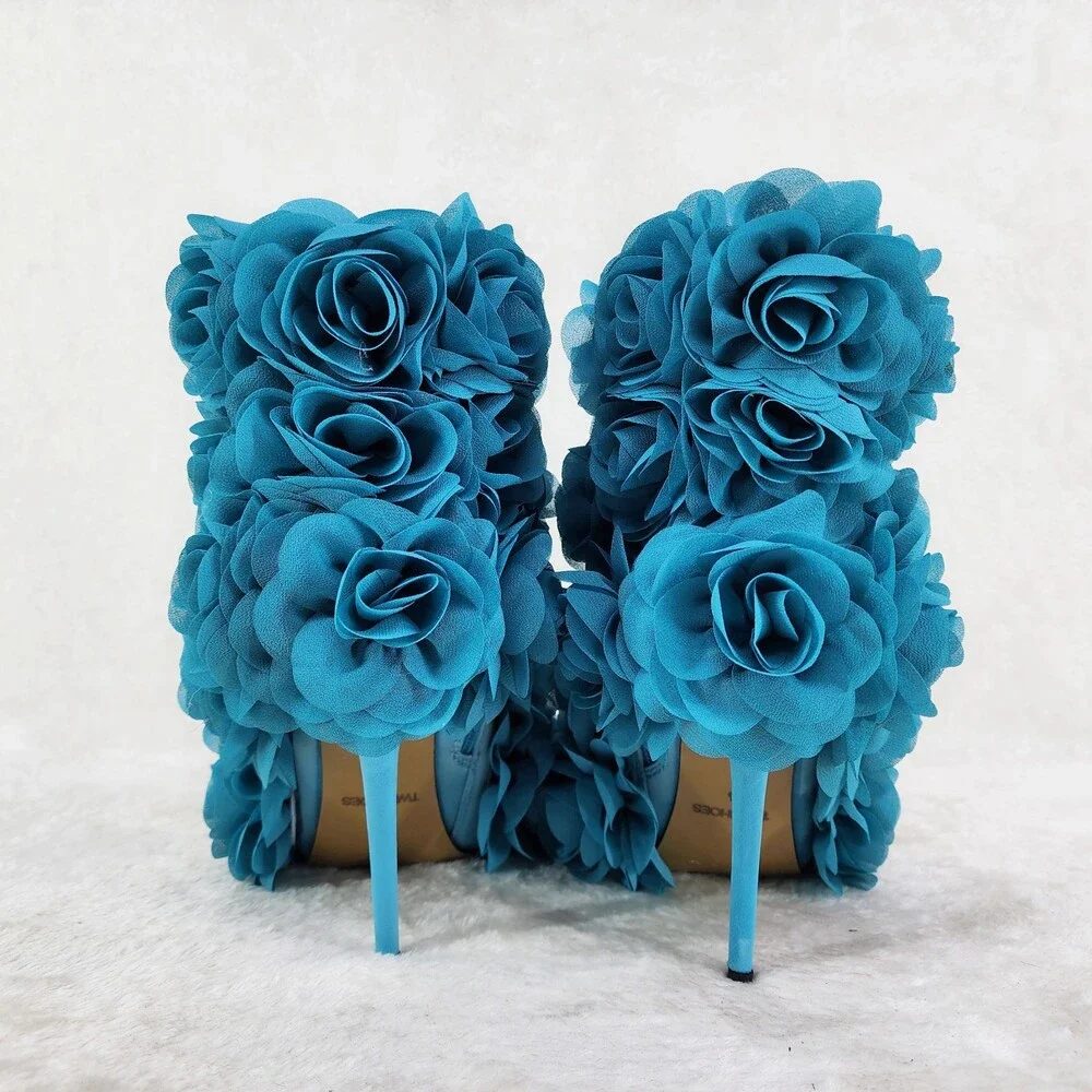NIB Beauty 3D Flowers Floral High Heel Xoanna Elegant Ankle Boots Teal Blue - Picture 5 of 16